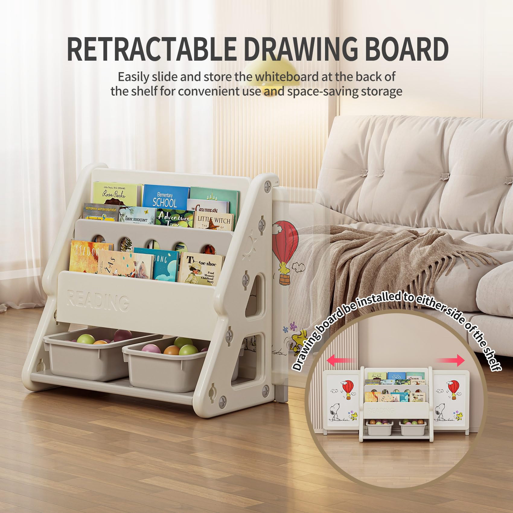 UNICOO® Toddler 3 in 1 Art Board Bookshelf and Organizer, 2-Tier Bookshelves with Storage Rack & Bins, Retractable Drawing Board, Lightweight & Compact for Nursery, Playroom(Grey & White)
