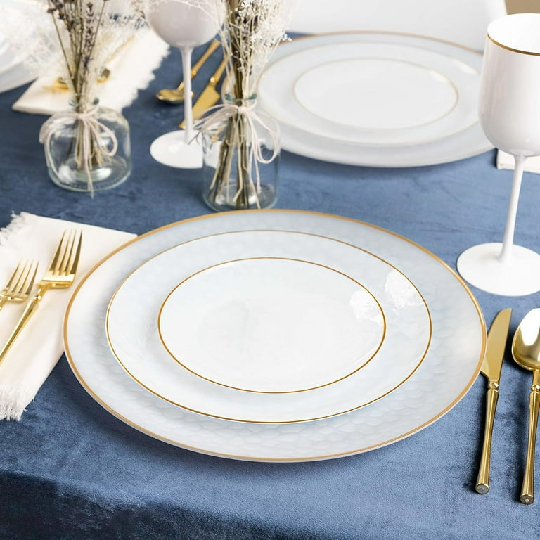 PLASTICPRO Pack of 30 Disposable Plastic Plates Fancy Dinner Plate Heavy Weight Transparent White With Gold Rim 9