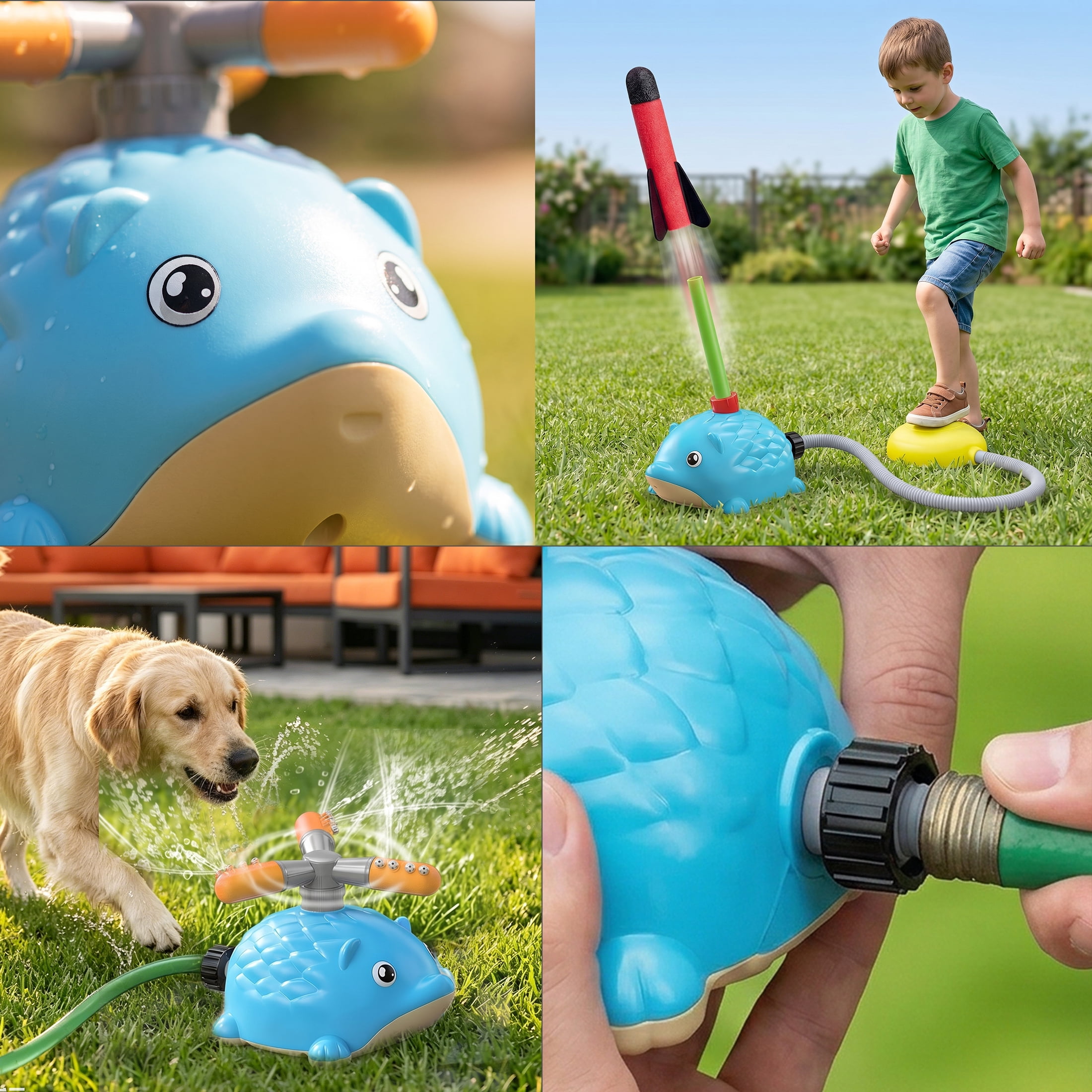 PMHZI Hedgehog 36-inch Sprinkler Toy for Kids, 360° Rotating Outdoor Water Spray with Rocket Launcher & 2-in-1, Summer Backyard Lawn Watering