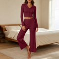 thumbnail image 2 of vdgthytj Loungewear Sets for Women Long Sleeve Button Lapel Collar Crop Tops Wide Leg Pants Fall Fashion Casual Ribbed 2 Piece Outfits(X-Large,Red), 2 of 7