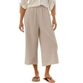 thumbnail image 4 of Bloomae Women Linen Pants Summer Wide Leg Capri Pants Elastic High Waist Loose Cropped Lounge Trousers Culottes with Pockets Beige L, 4 of 8