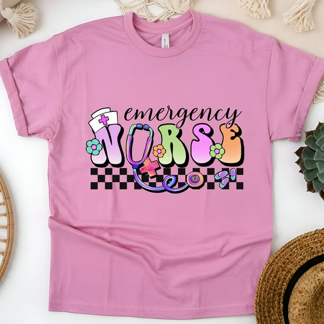Emergency Nurse T-Shirt | Pastel Lettering with Stethoscope and Checkered Print Tee, Azalea, Size 3XL