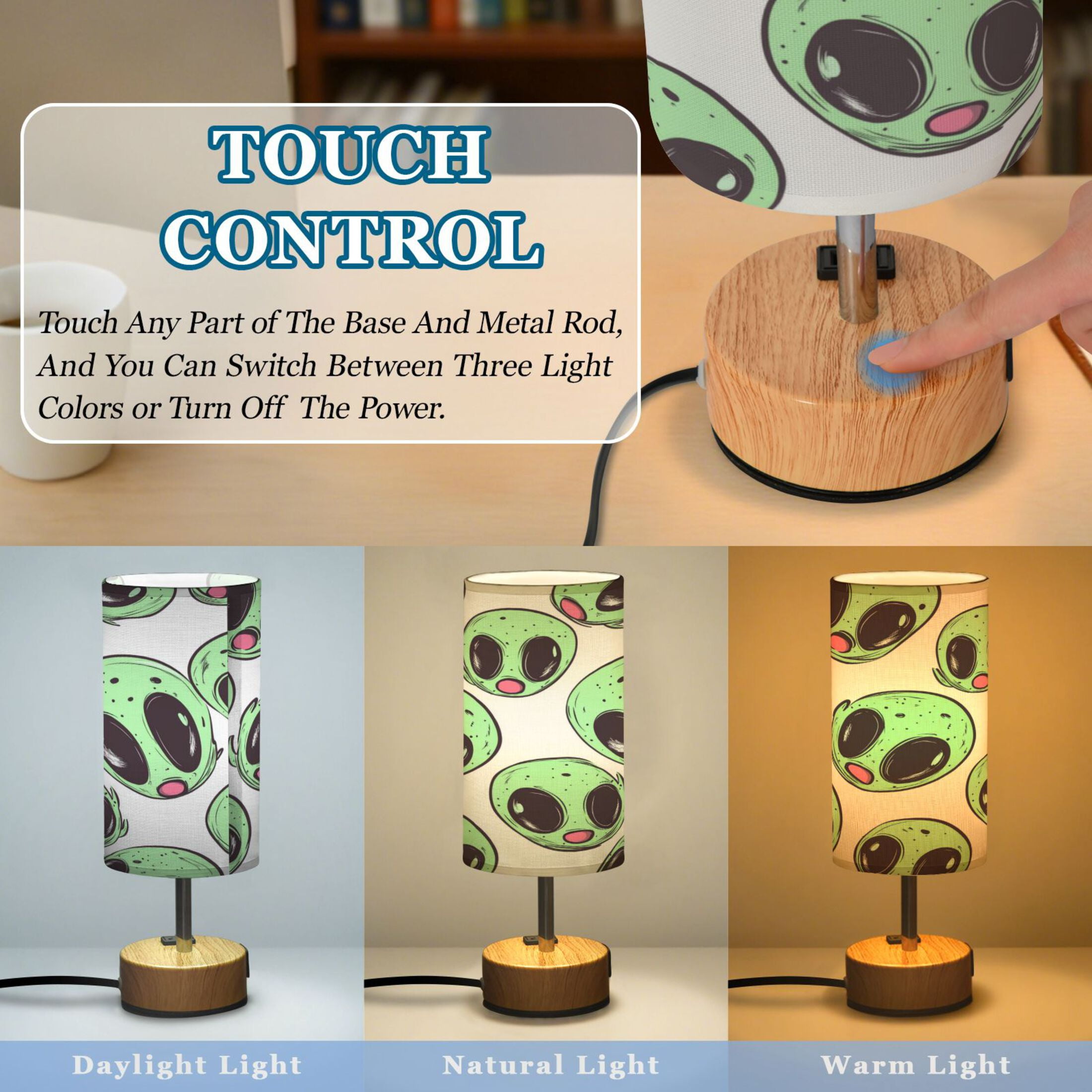 Touch-Control 3-Color Desk Lamp with Plug – Energy-Saving LED + 3 Simultaneous Charging Ports Cartoon Green Aliens
