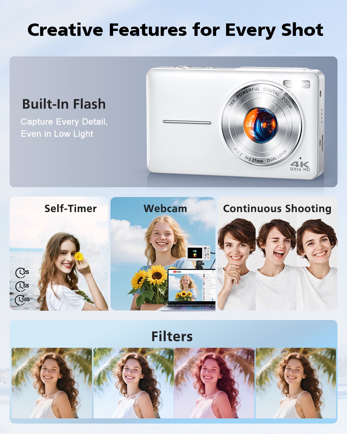 Zostuic 4K Digital Camera, 64MP Autofocus Vlogging Camera with Dual Lens, LED Flash, 16X Zoom, 2.8" IPS Screen, 256GB Expandable, Compact Point & Shoot for Boys Girls Seniors
