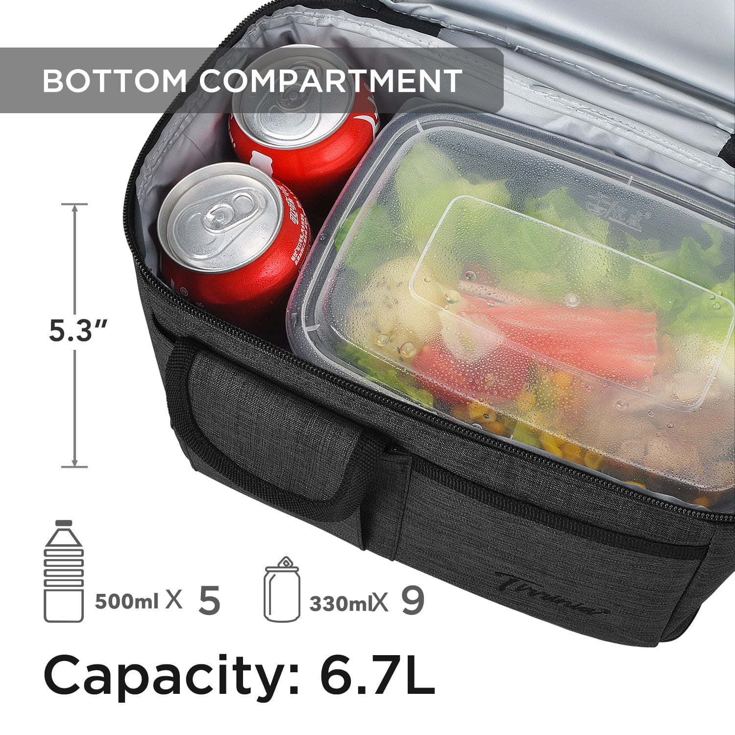 "Tirrinia Insulated Lunch Bag, Leakproof, 10.2"" x 7.5"" x 9"", Thermal Bento Cooler Tote, Dual Compartment, Charcoal"  (图5) "Tirrinia Insulated Lunch Bag, Leakproof, 10.2"" x 7.5"" x 9"", Thermal Bento Cooler Tote, Dual Compartment, Charcoal"  (图5)