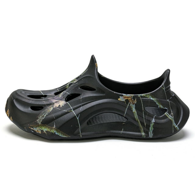 Summer Men Hole Shoes Printed Slip-On Thick Bottom Slippers Fashion Breathable Outdoor Slippers Black 40-41