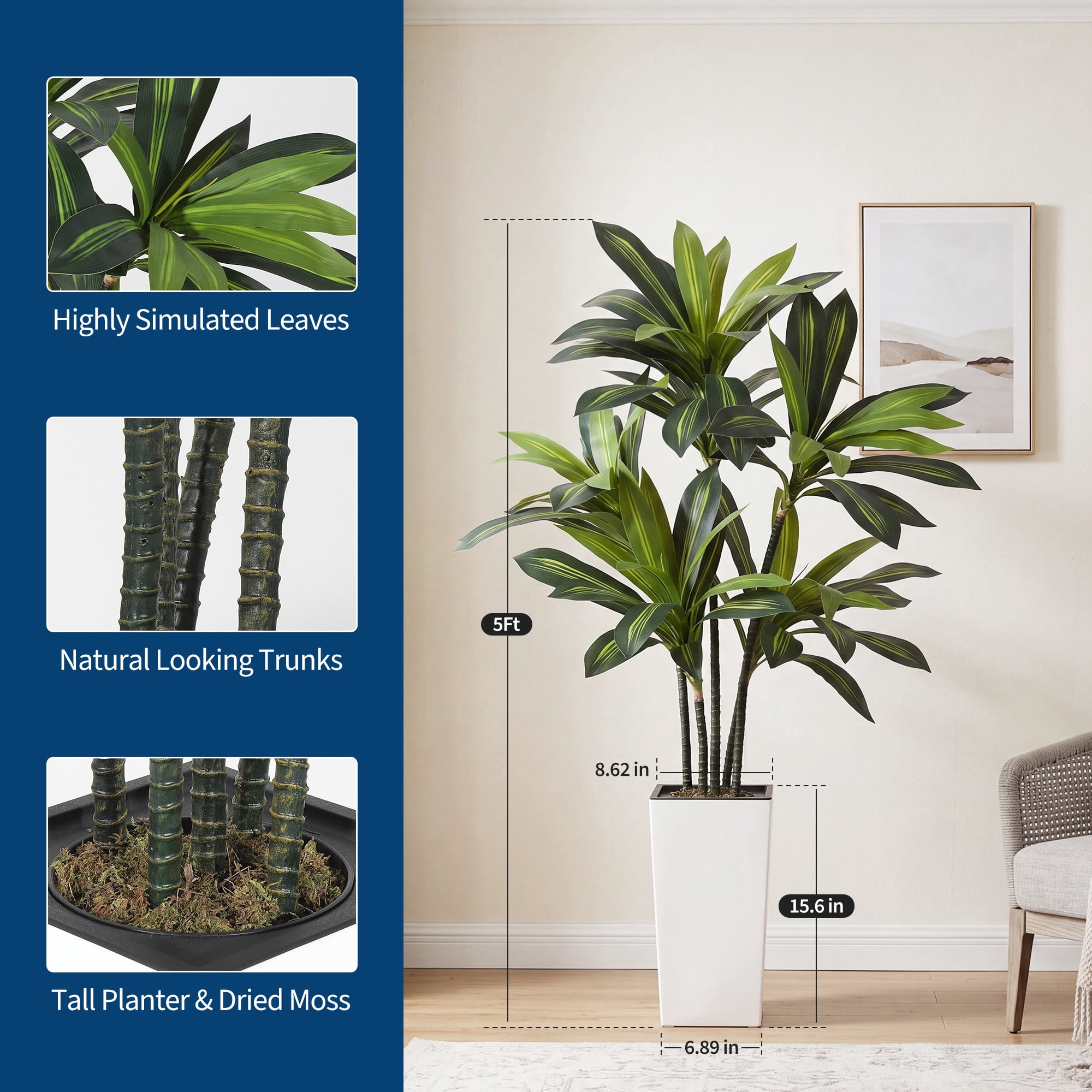 Artificial Dracaena Tree 5FT with White Tall Planter – Lifelike Faux Plant for Home Office Decor