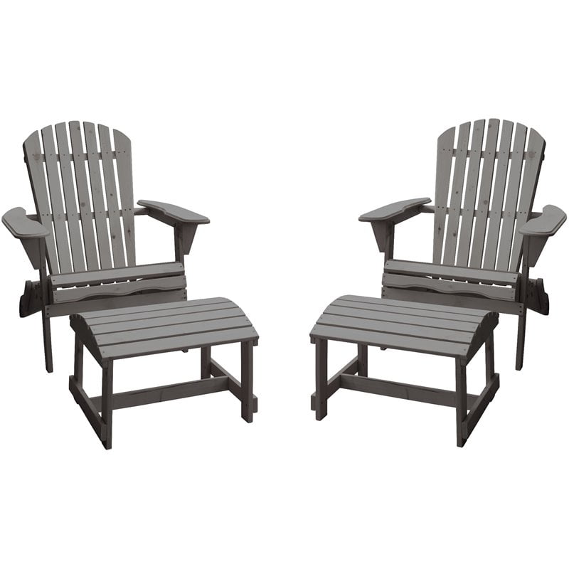 W Unlimited Oceanic 4 Piece Wooden Adirondack Chair and Ottoman Set in Gray