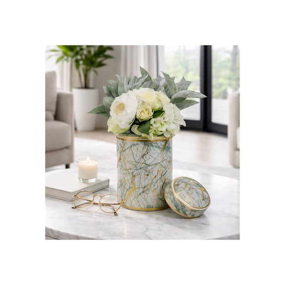 Decorative Ceramic Jar with Lid for Living Room Decor - Flower Vase for Bedroom, House Display, and Office Desk - Modern Accent Vase for Entryway Table or Home Decor - 12", Green & Gold