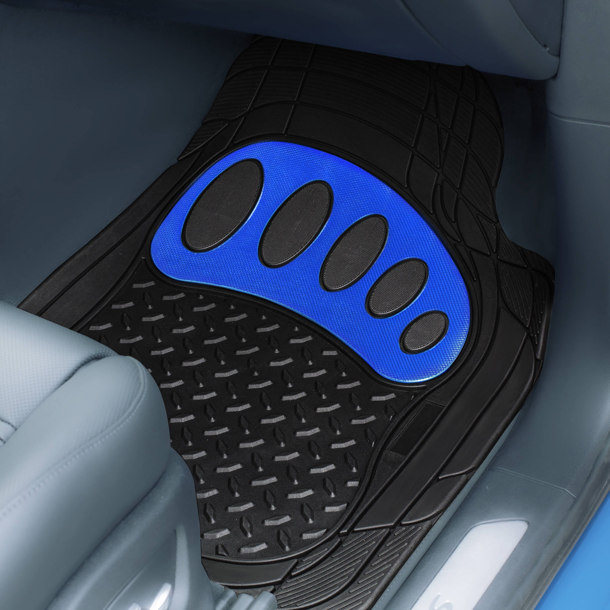 FH Group Trimmable ClimaProof Rubber Floor Mats With Footprint Design Blue/Black – Full Set