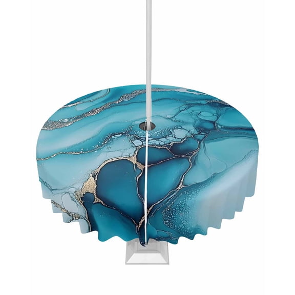 nqOlkjepod Turquoise Marble Outdoor Tablecloth with Umbrella Hole & Zipper, Teal Grey Modern Geometric Round Table Cover 60 Inch, Dining Waterproof Table Cloth Protector for Patio/Party/Picnic