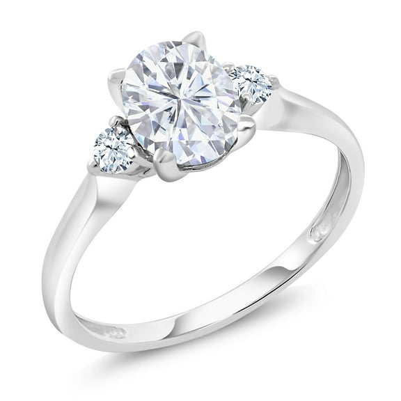 Gem Stone King 10K White Gold Moissanite and Created Sapphire Solitaire Ring for Women (1.60 Cttw, Oval 8X6MM, Size 5)