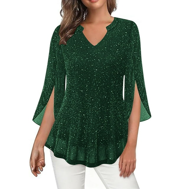 HongQid Womens 3/4 Ruffle Sleeve Sparkly Tops Sequin V Neck Blouses Dressy Casual Spring Summer Fall Shirts