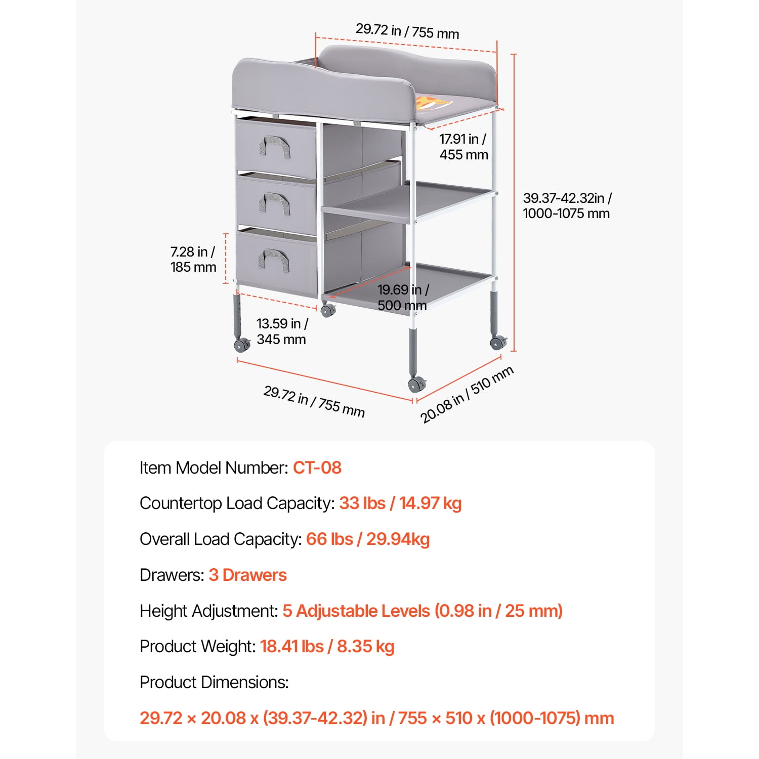 KFFKFF Portable Diaper Changing Table with Adjustable Height, Storage Organizer, Lockable Wheels, and 3 Fabric Drawers, Gray
