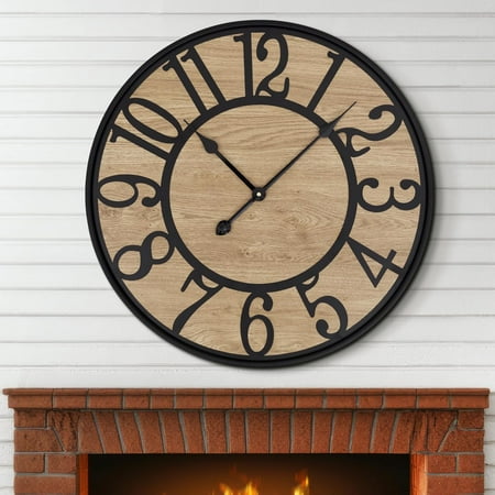PrimeCook Shop Large Wall Clock for Living Room,Metal & Wood Silent Rustic Farmhouse Wall Clock with Arabic Numeral, Battery Operated Decorative for Bedroom Office Home Decor 20inch Black