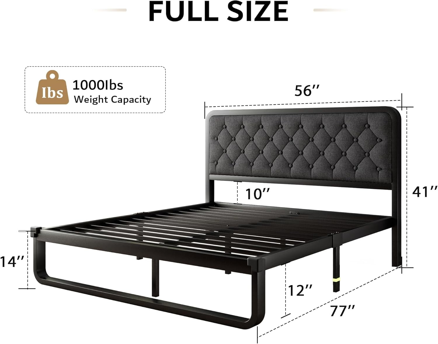 iPormis Full Size Metal Bed Frame with Linen Upholstered Headboard, 12'' Underbed Space, Thickened Metal Steel Slat Support, No Noise Free,Grey