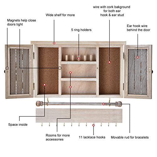 X-cosrack Rustic Hanging Jewelry Organizer,Wall Mounted Mesh Jewelry Holder,for Necklaces,Earings Bracelets,Ring Holder,with Removable Bracelet Rod,Hooks,Wooden Barndoor Decor 