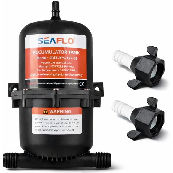 SEAFLO Accumulator Tank, RV & Boat Water Pump Flow Control with Internal Bladder, 0.75 L, 125 PSI, 1/2-Inch MNPT, 4-Year Warranty