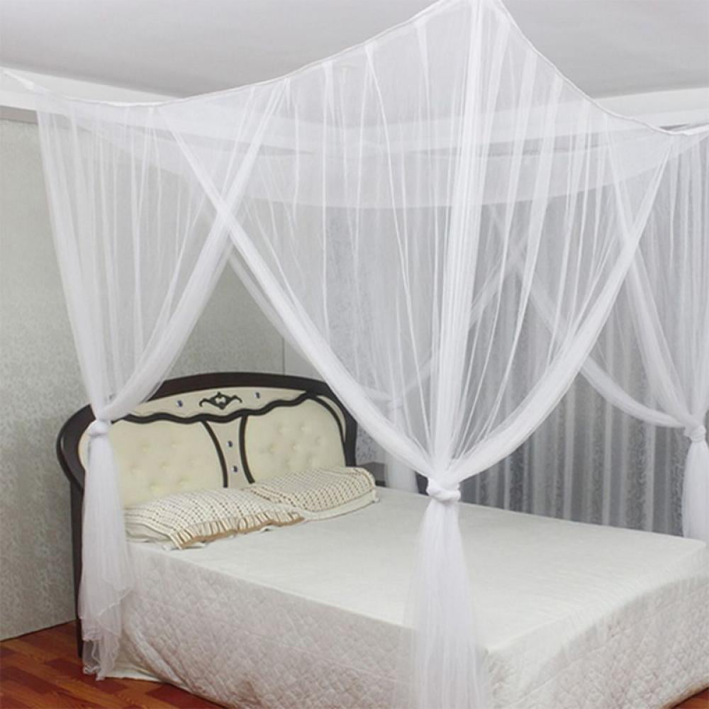 Top 4 Corner Polyester Fabric Square Mosquito Net Full Queen King Size Bed White 