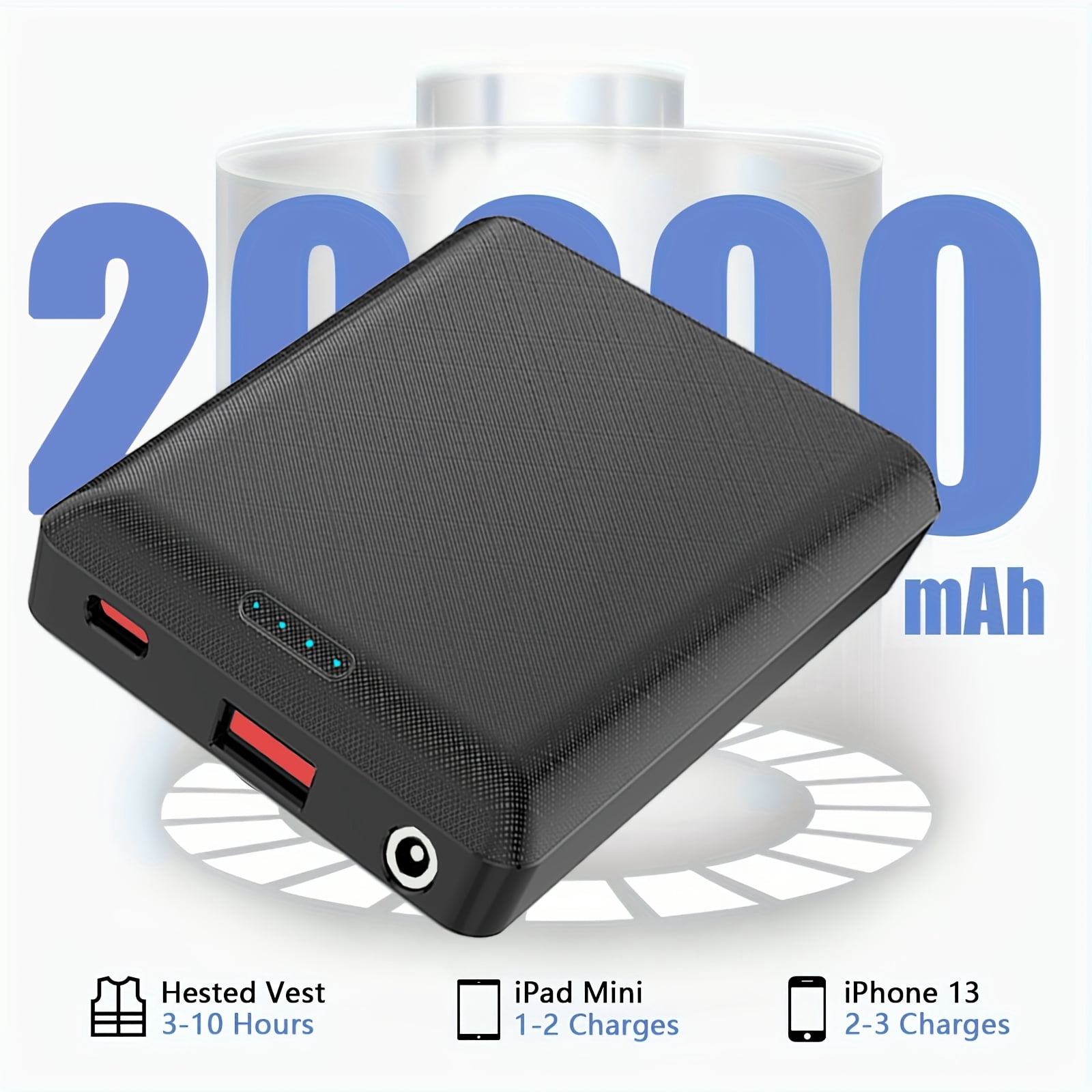 5000/20000mAh Power Bank Portable Charge DC5V 3A Output USB Output Type C Output Portable Charger Phone External Battery Pack for Heating Vest Jacket Scarf Gloves Electric Heating Equipment(1pc/2pcs)