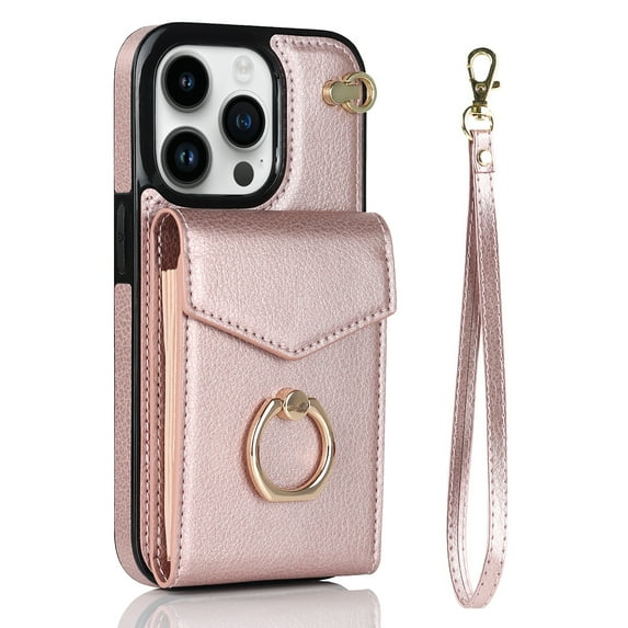 Jiahe Cover Case For iPhone 14 Pro 6.1 Inch Wallet Case with Card Holder, Built-in Finger Ring Holder Kickstand, RFID Blocking PU Leather Buttons Shockproof Wrist Strap Cover, Rosegold