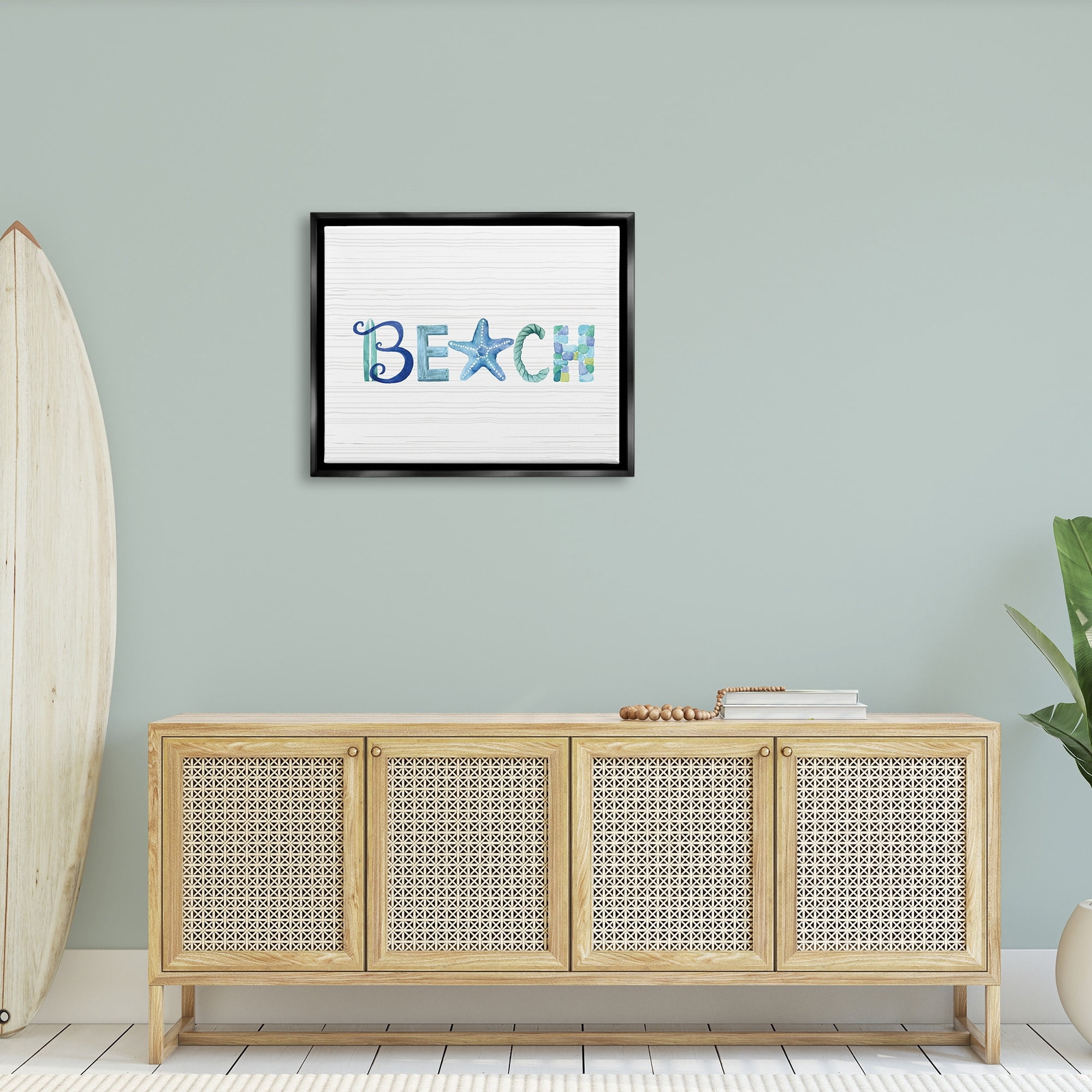 Stupell Industries Beach Letters Typography Sea Life Pebbles Rope Graphic Art Jet Black Floating Framed Canvas Print Wall Art, Design by Sharon Lee