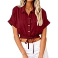 thumbnail image 4 of Women Casual Crop Short Sleeve Button Down Blouses Shirt Collar Loose Fit Shirt Wine Red XXL, 4 of 6