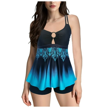 Swimsuits For Women Swimdress Strappy Backless Blouson Boyshorts Tankini Set Black Bathing Suit For Women L
