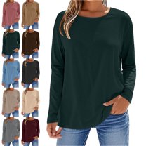 Lenago Womens Long Sleeve Shirts Solid Color Fashion Crew Neck Tops Women's Summer Loose Long Sleeve Round Neck Comfy Regular Shirts Basic Tee Fall Fashion Clothes Trendy Outfits for Women