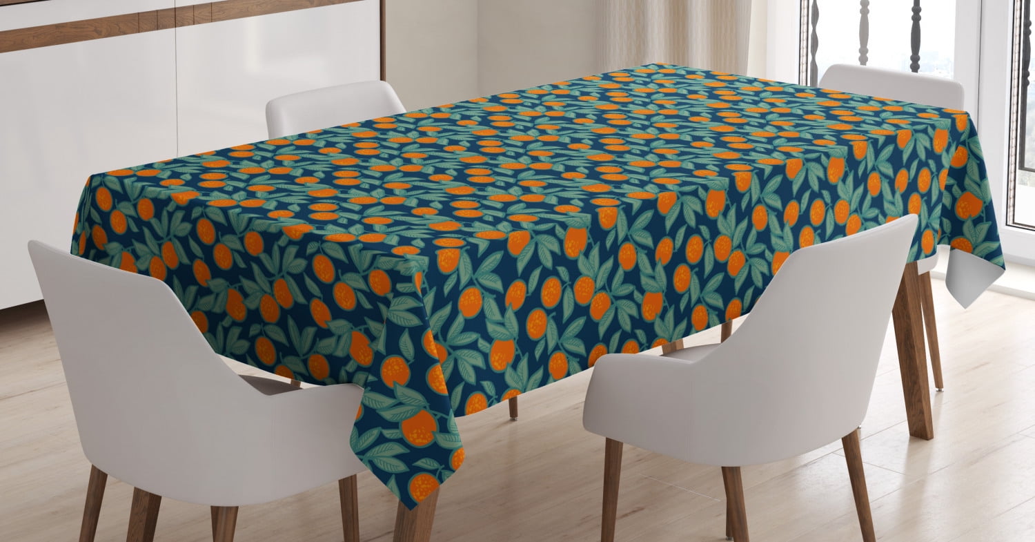 Orange Blue Tablecloth, Sweet Citrus Branches and Leaves, Rectangular