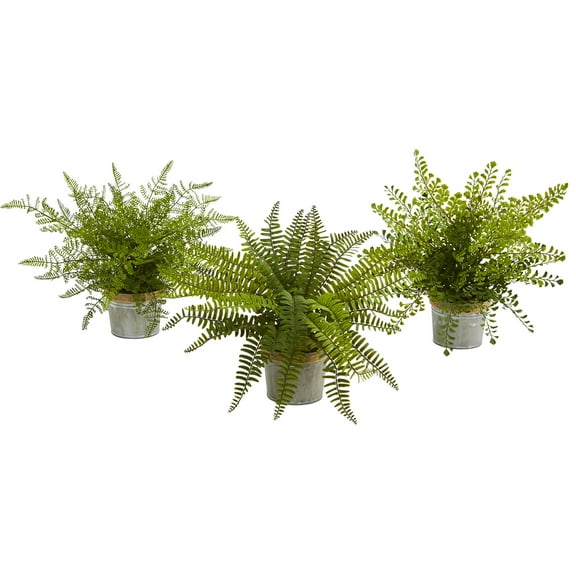 Nearly Natural Plastic 14" Assorted Green Ferns Artificial Plant with Planter, Set of 3