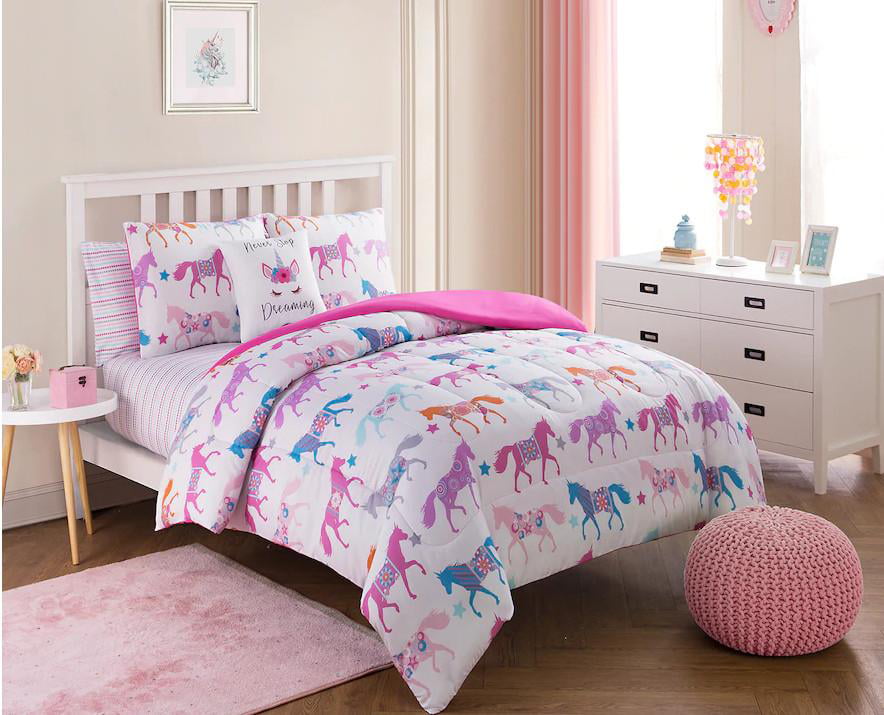 Fairy Tale Unicorns /& Stars Girls 5 Piece Twin Comforter Set Pretty in Pink
