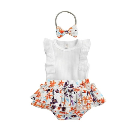 

Musuos Baby Girl Summer Rompers Set Toddler Ruffled Sleeveless Jumpsuit and Floral Print Shorts Headband