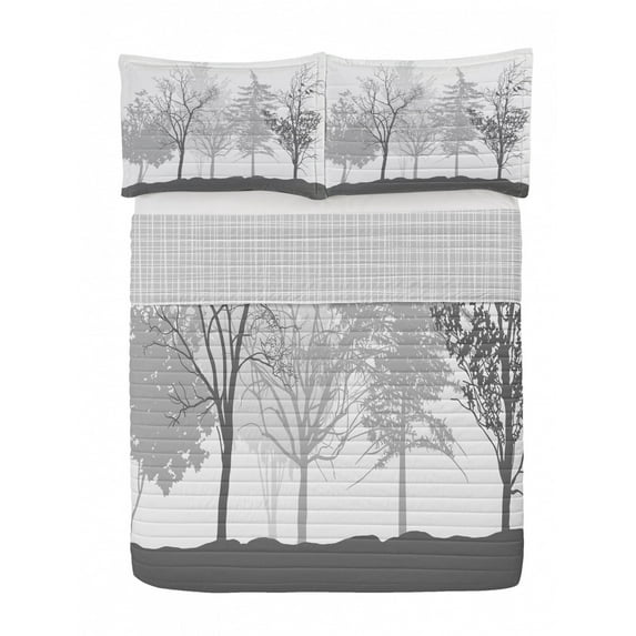 Nature Reversible Bedspread Set, Silhouette of Trees Forest Freshness Themed Woodland Branches Image, Pillow Shams & Comforter Microfiber Bedding Set, 3 Sizes, Pale Grey White, by Ambesonne
