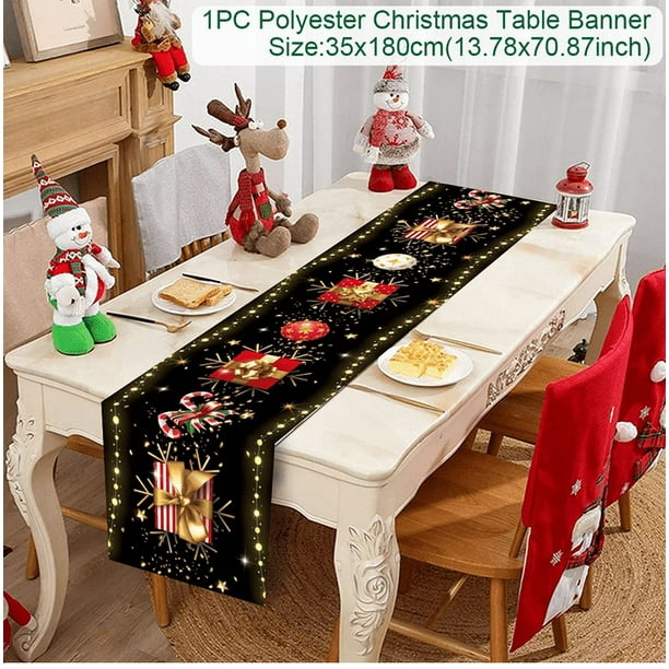 Camino de mesa navideño, adornos de nieve de bosque, Papá Noel, enanos, mantel rojo de Navidad, decoración de mesa, decoración de fiesta