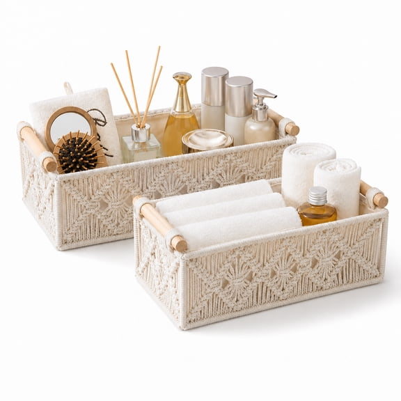 Boho Bathroom Storage Baskets, 2 Pcs Woven Paper Rope Toilet Paper Basket Set with Wooden Handles,Bathroom Bedroom - Home Decor, White
