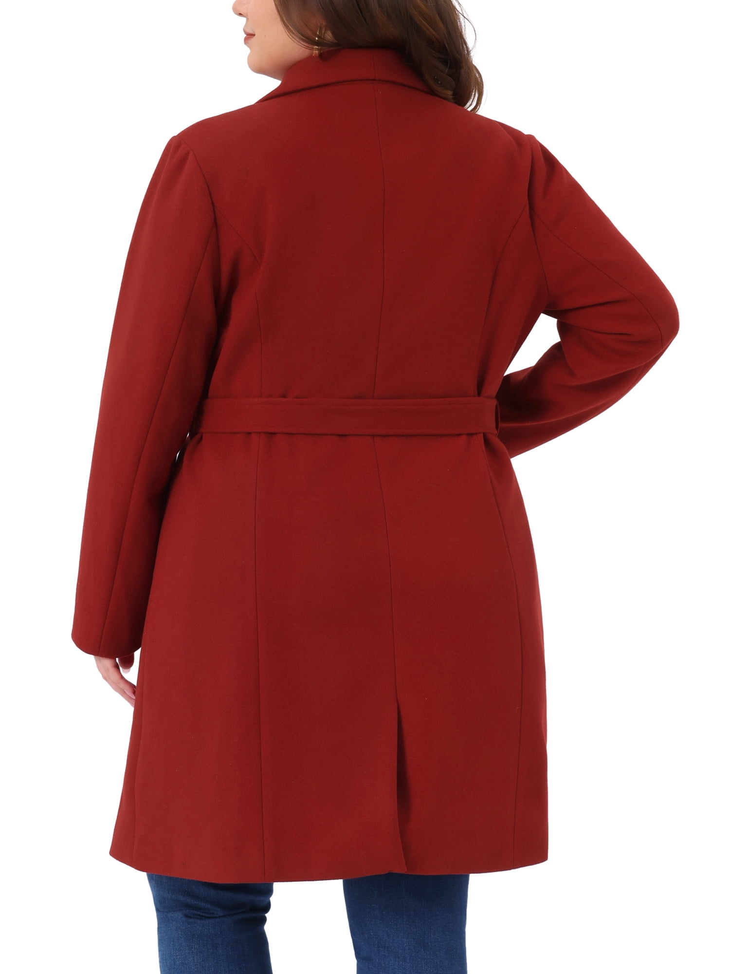 DARING DIVA Women's Plus Size Notched Lapel Coat with Belted Design 1X Dark Red
