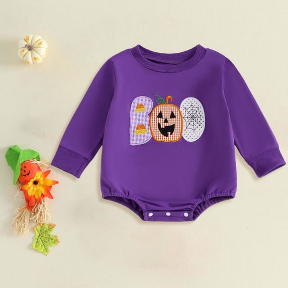 larppty Newborn Baby Halloween Outfit Boy Girl Boo Onesie Sweatshirt Bubble Romper Bodysuit Infant Fall Pumpkin Clothes (Purple)