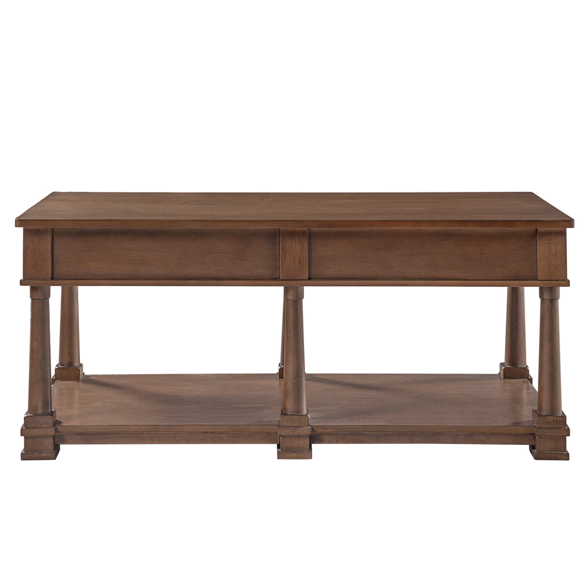 Leumius Farmhouse Coffee Table with 2 Storage Drawers & Lower Open Shelf, Rectangular Cocktail Table with Solid Wood Legs for Living Room Brown