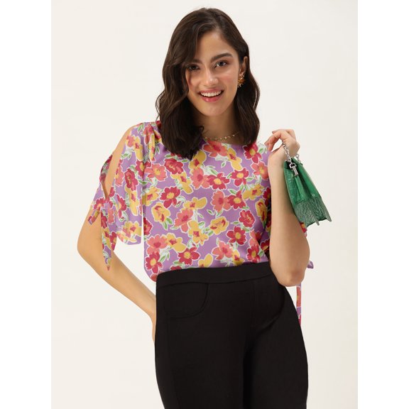 DressBerry Women's Rayon Slub Round Neck Top Casual Summer Knot Cuff Split Sleeves Printed Cold Shoulders Western Style High Waist Light Weighted Blouse