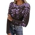 thumbnail image 2 of EchfiProm Womens Winter Tops Purple Ribbed Slim Long Sleeve Crew Neck Floral T-Shirt for Women, 2 of 8