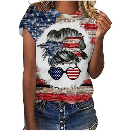 

Dr.Eam Womens 4Th Of July Graphic Blouses Tee Top Tees T-Shirts Summer Independence Day Print Loose Casual Usa Flag Head Crewneck Short Sleeve Summer Casual Workout Comfort