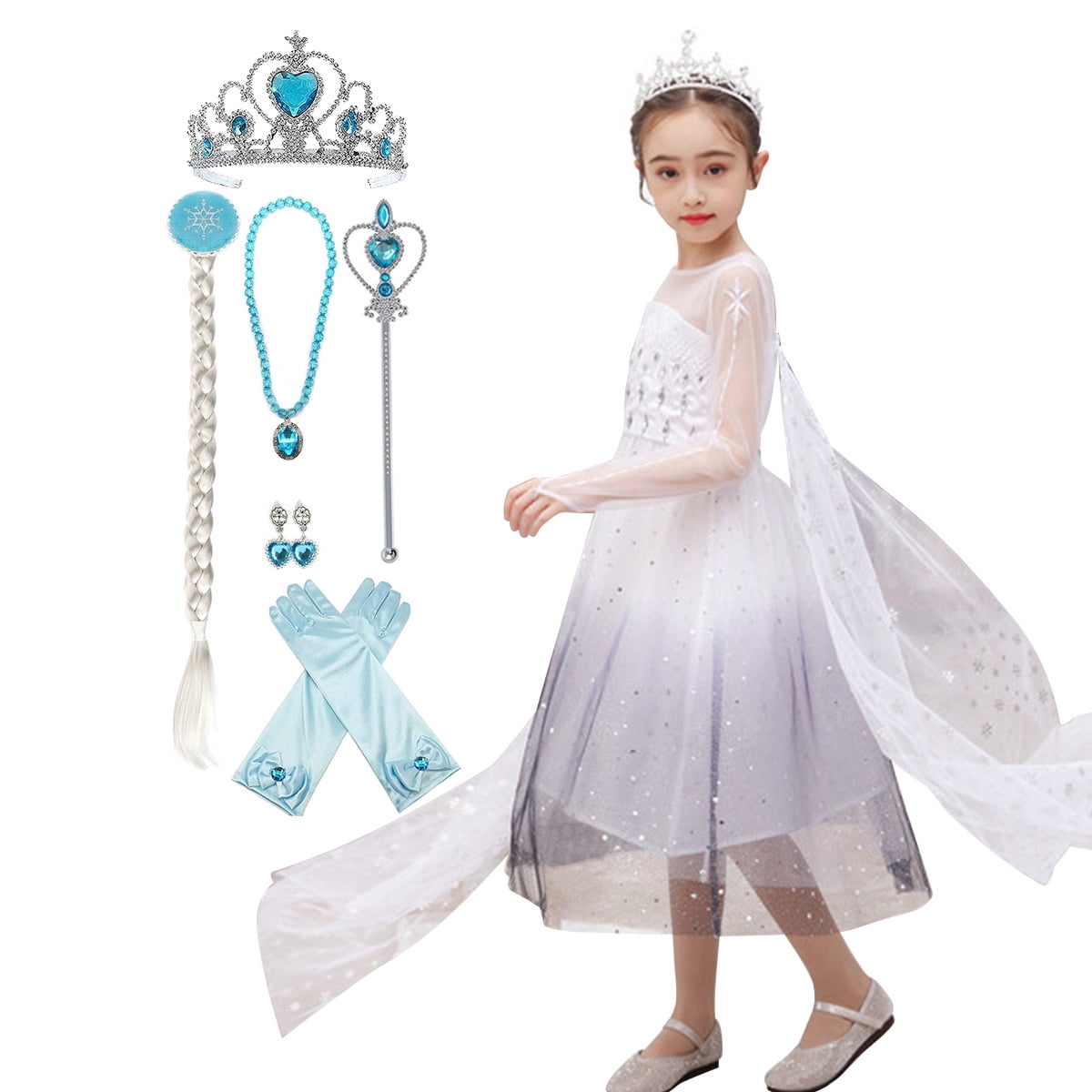 Perruque Elsa Reine Des Neiges Pour Enfants – Avec Diadème, Couronne Et Gants – Déguisement Princesse Fille 3-8 Ans