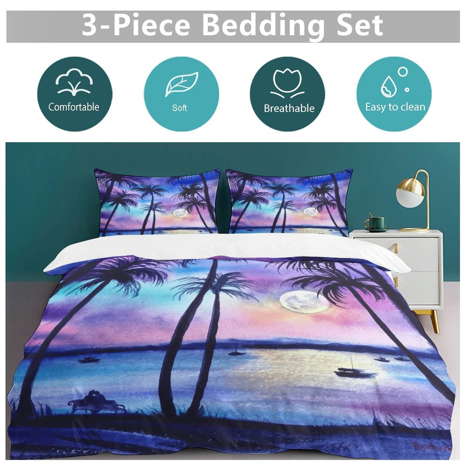 Hawaiian Style Sunset Tropical Beach Palm Tree 3D Set Duvet Cover Quilt Cover Theme for Full Size