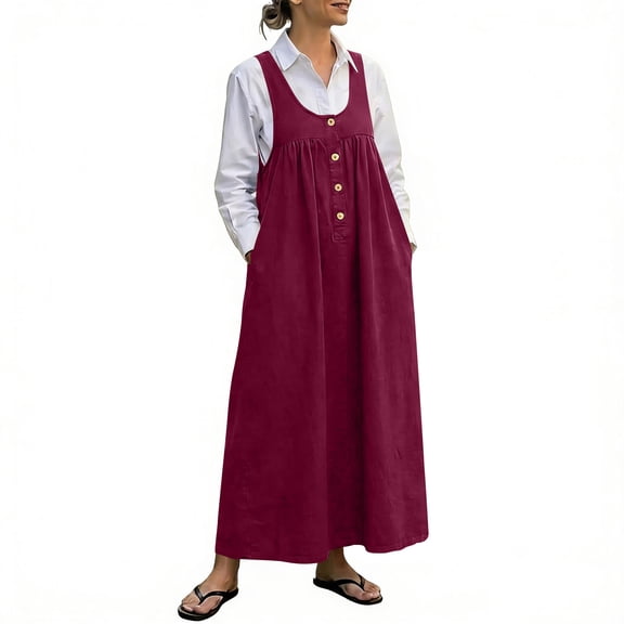 BUIGTTKLOP Women's Summer Overall Dress Sleeveless Scoop Neck A Line Maxi Flowy Casual Sundress with Pockets Vacation Outfits
