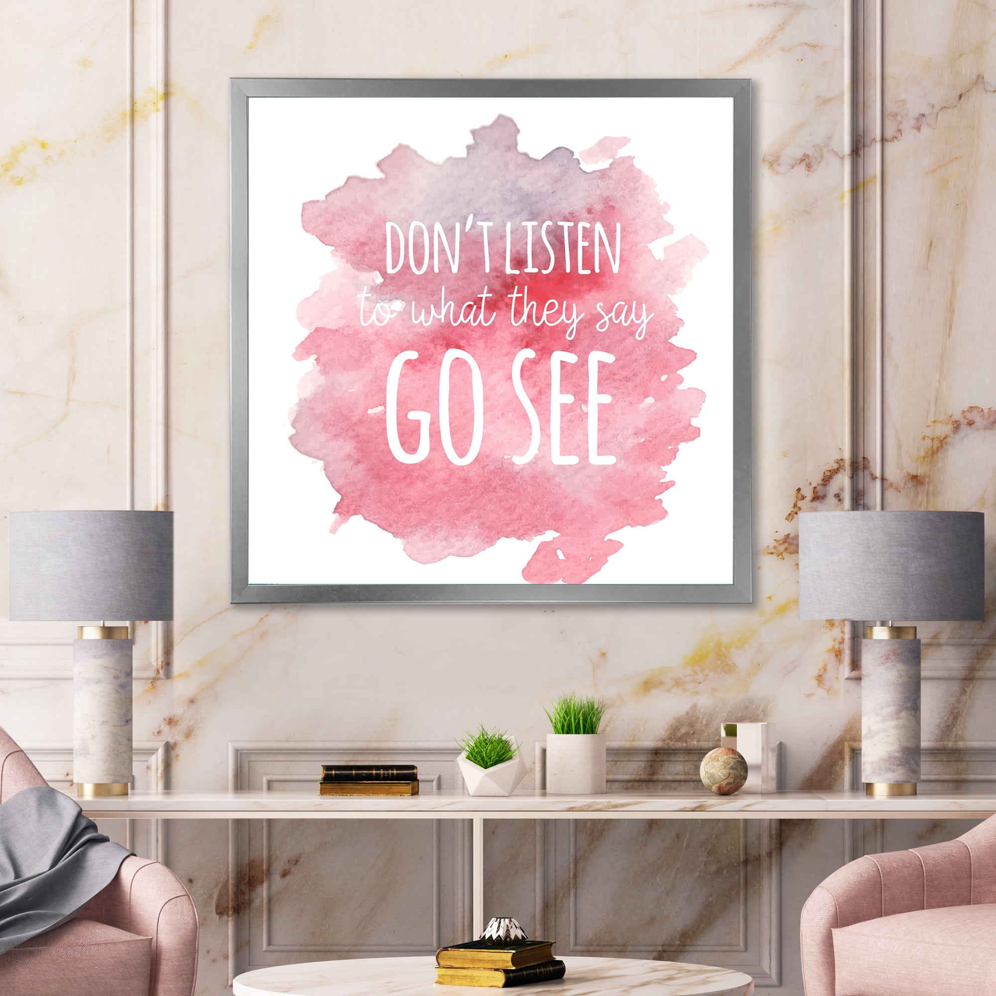 Designart 'Don't Listen To What They Say Go See On Pink Background' Traditional Framed Art Print