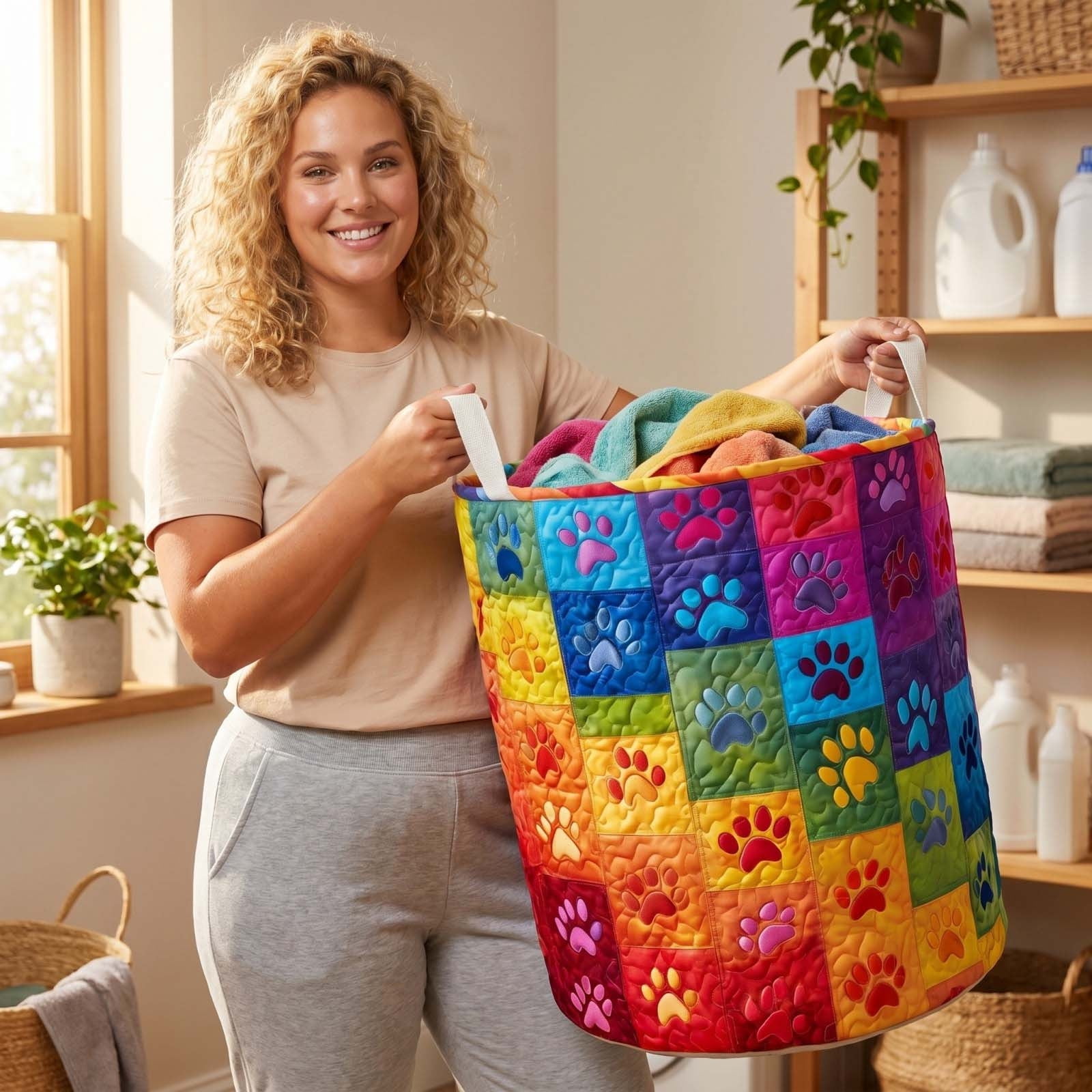 Bohemian Fabric Quilted Storage Basket, Collapsible Laundry Organizer with Integrated Handles, Versatile Sundry Hamper for Home Closet, Dorm and Living Room Tidying