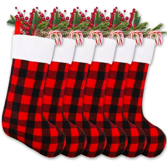 Christmas Stockings, Xmas Large Black Red Buffalo Plaid Hanging Stockings Decorations for Christmas Tree Fireplace Family Holiday Party Decor