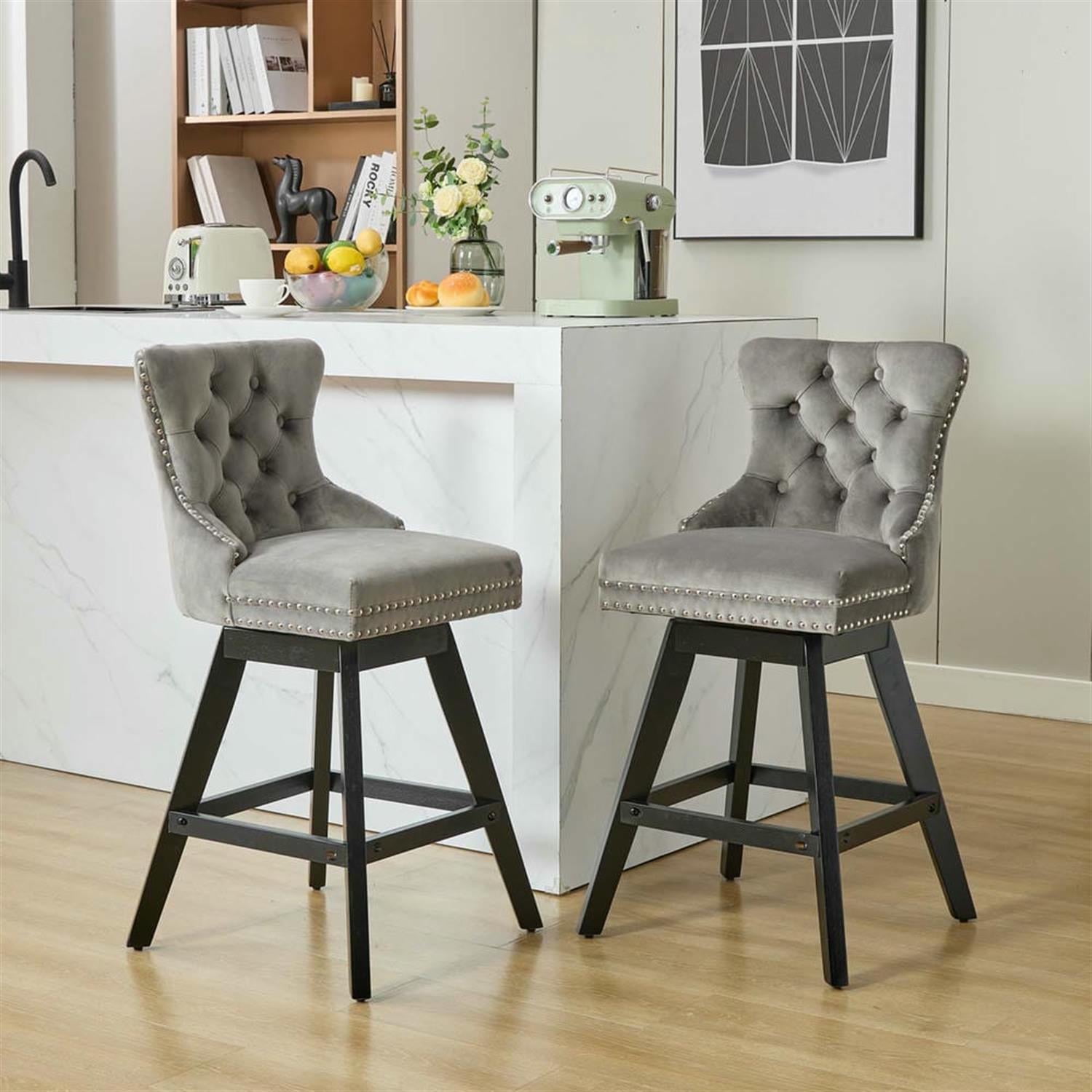 Demi Bonn 38" Counter Height Bar Stools Set of 2, Velvet Swivel Barstools with Button Tufted Back, Kitchen Island Countertop Chairs for Dining Room, Gray