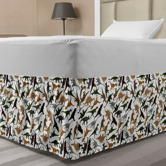 Jurassic Bed Skirt, Pattern Dinosaurs Enormous Museum History Cartoony Illustration, Elastic Bedskirt Dust Ruffle Wrap Around for Bedding Decor, 4 Sizes, Dark Orange Burgundy, by Ambesonne